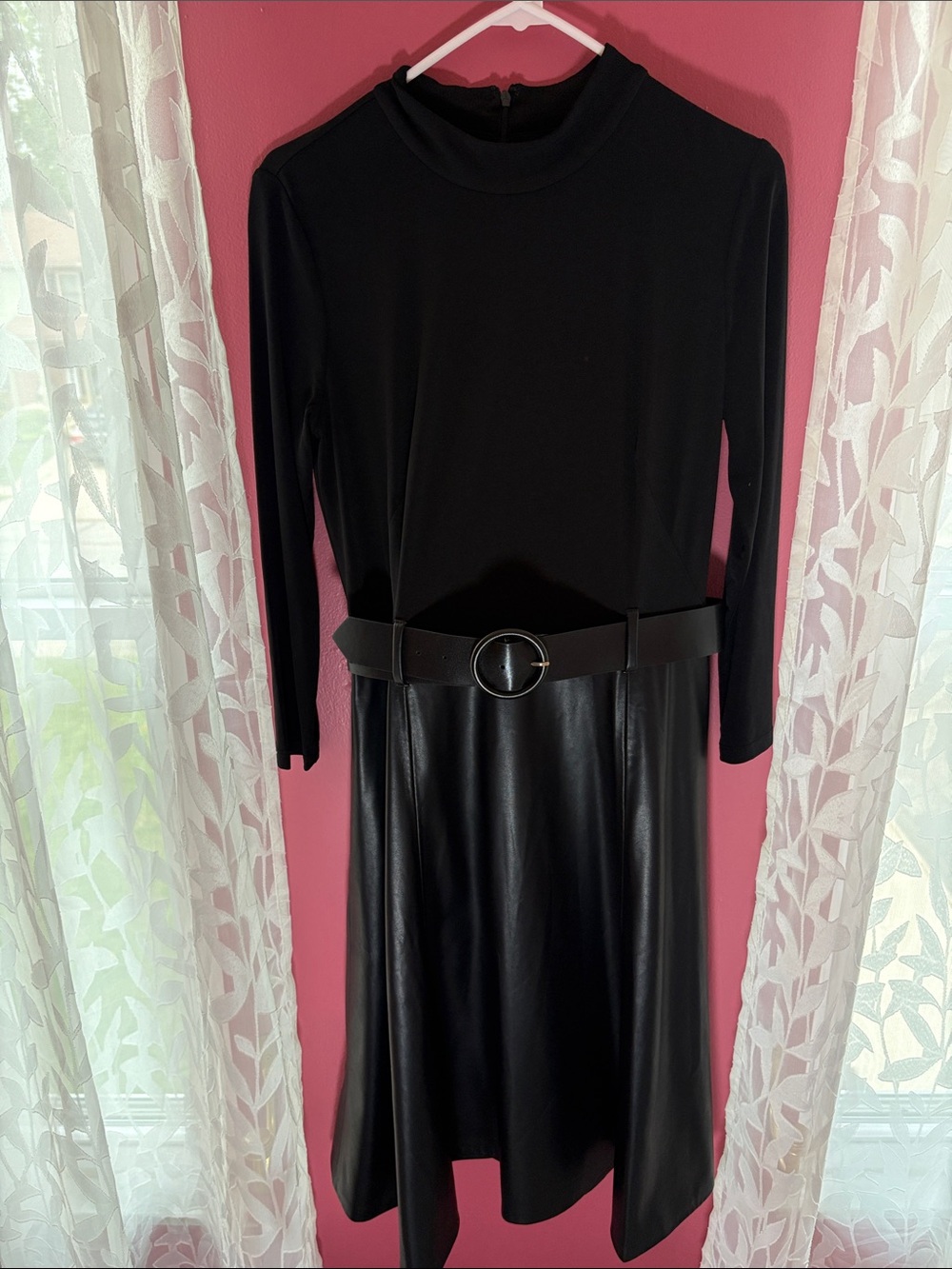 Calvin Klein Black Long-Sleeve Faux Leather Skirt Dress with Circle Buckle Belt